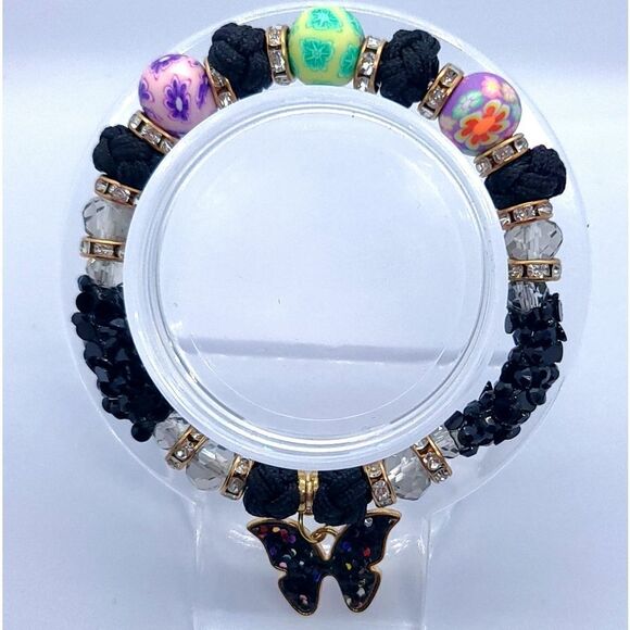 Butterfly Sparkly Beaded Black Cord Bracelet Handmade Stretchy Cottagecore New - Picture 7 of 9